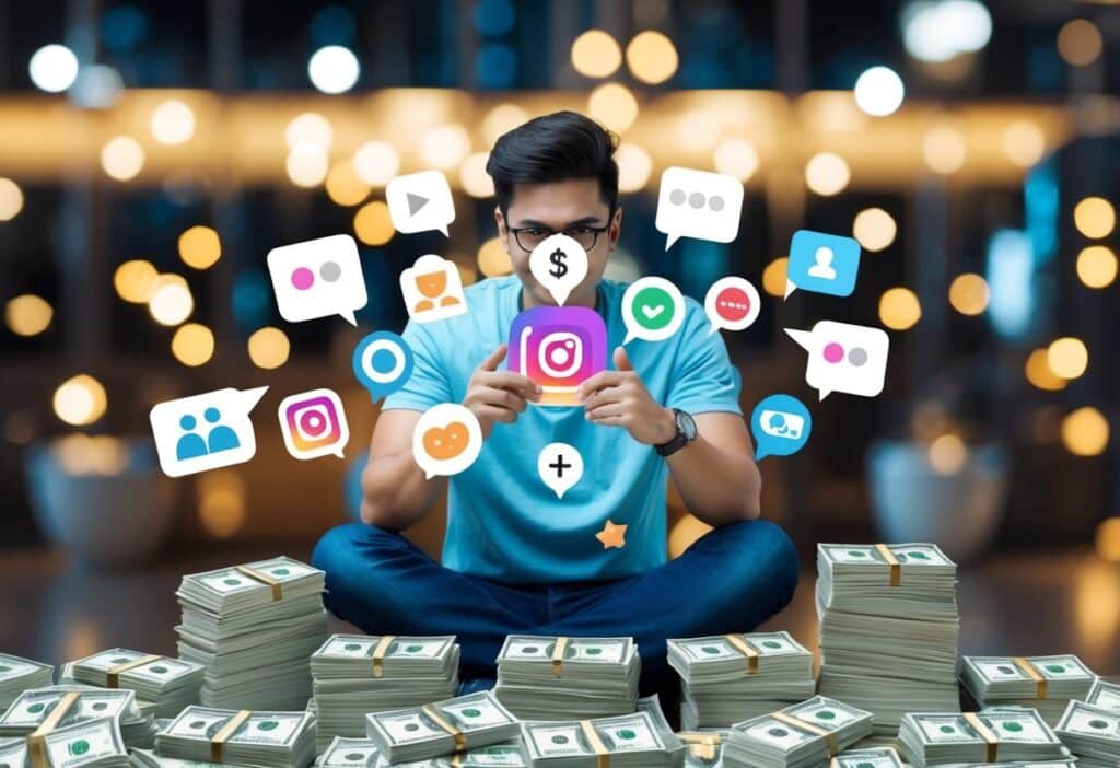 Uma pessoa com 1 milhão de seguidores no Instagram recebe uma enxurrada de notificações e mensagens, cercada por uma pilha de dinheiro e itens de luxo.