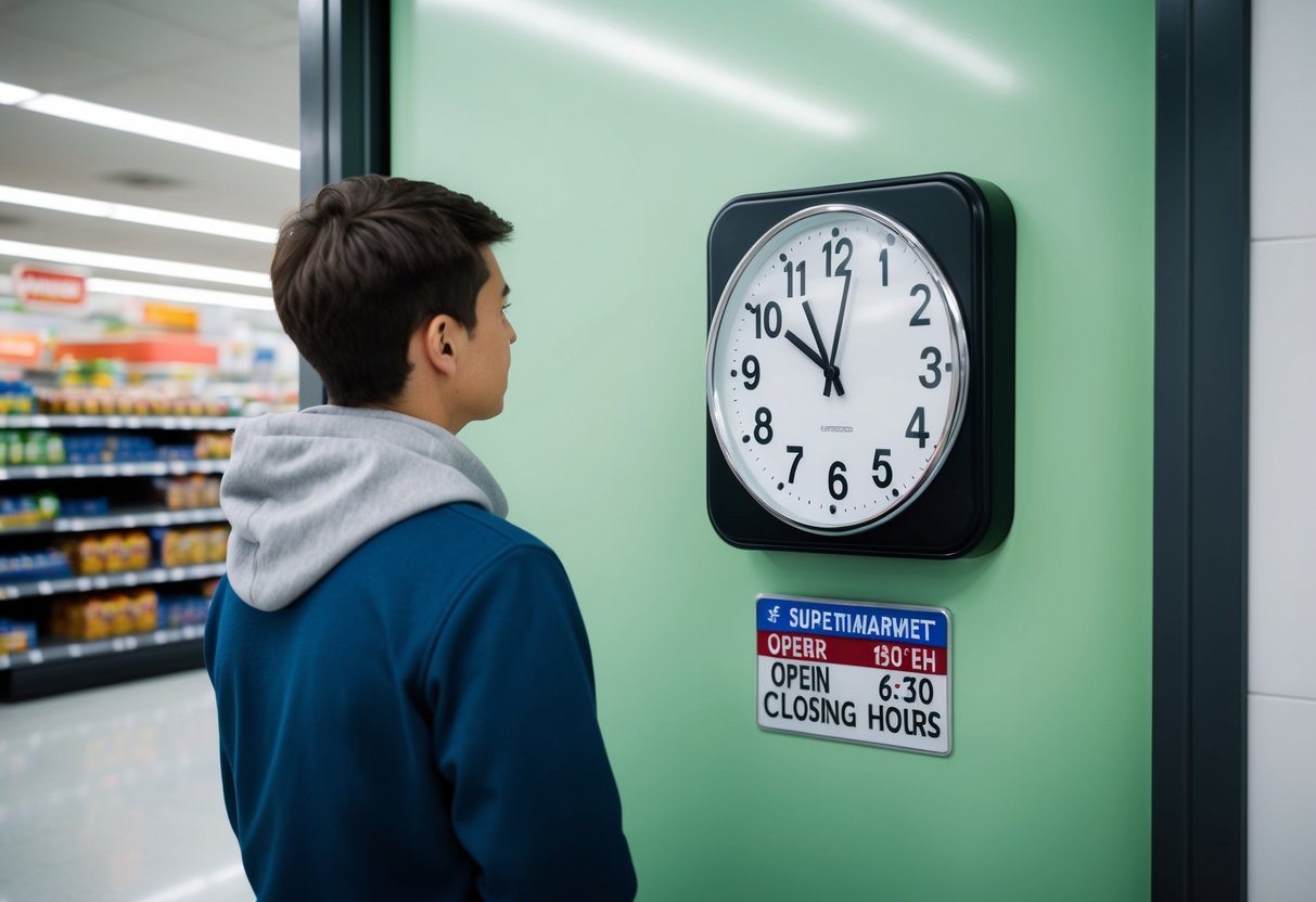 Uma pessoa olhando para a porta fechada de um supermercado com um relógio mostrando a hora atual e uma placa indicando os horários de abertura e fechamento da loja.