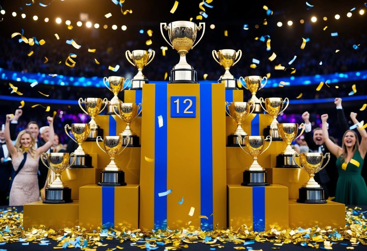Um pódio com 12 troféus dispostos em uma pirâmide, cercado por confete e uma multidão aplaudindo.
