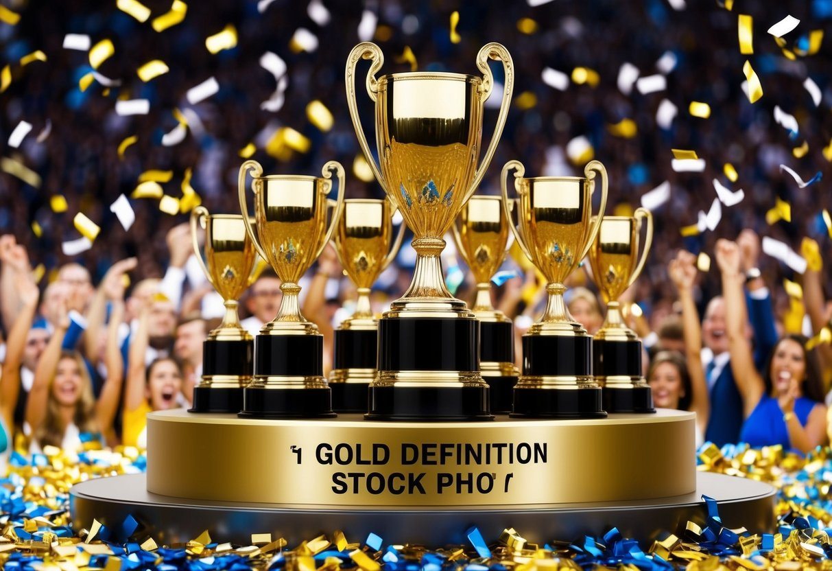 Um pódio com 12 troféus de ouro, cercado por confetes e uma multidão aplaudindo