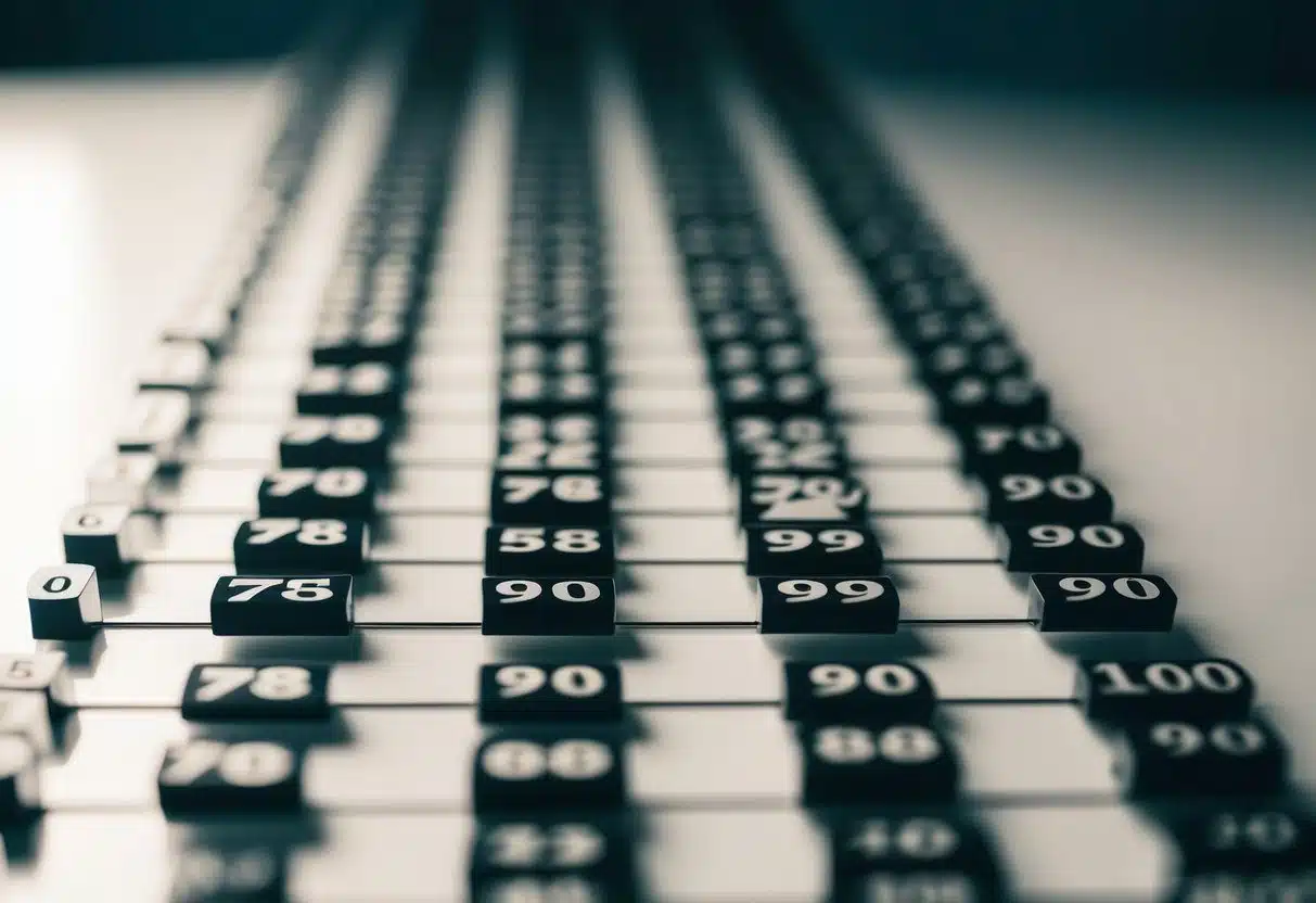 Uma longa reta numérica de 0 a 100, com várias seções destacadas para mostrar as diferentes quantidades de zeros em cada número