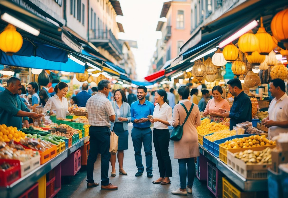 Um mercado movimentado com barracas coloridas e pessoas de diversas origens conversando e trocando bens.