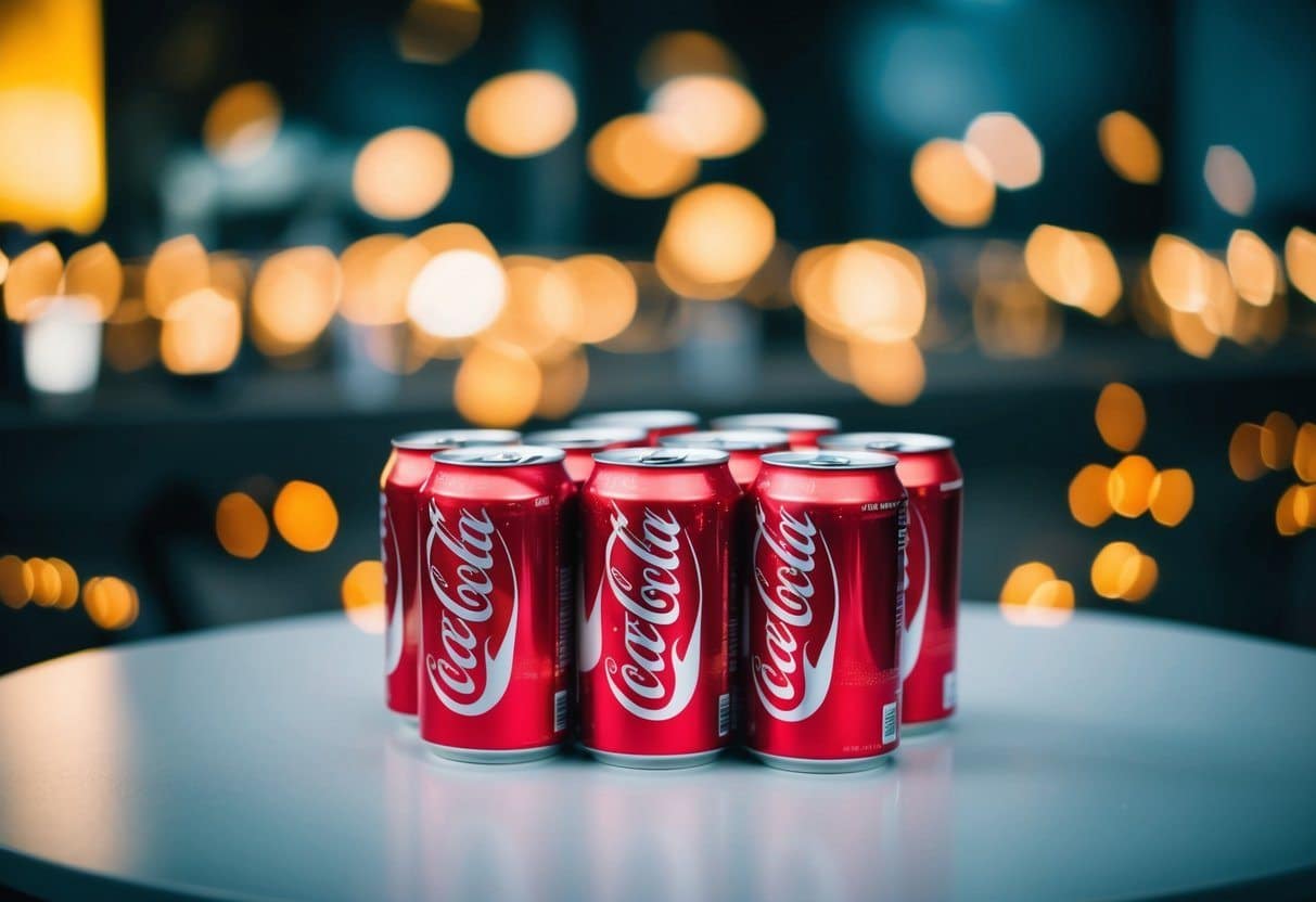 Uma mesa com 60 latas de refrigerante e copos