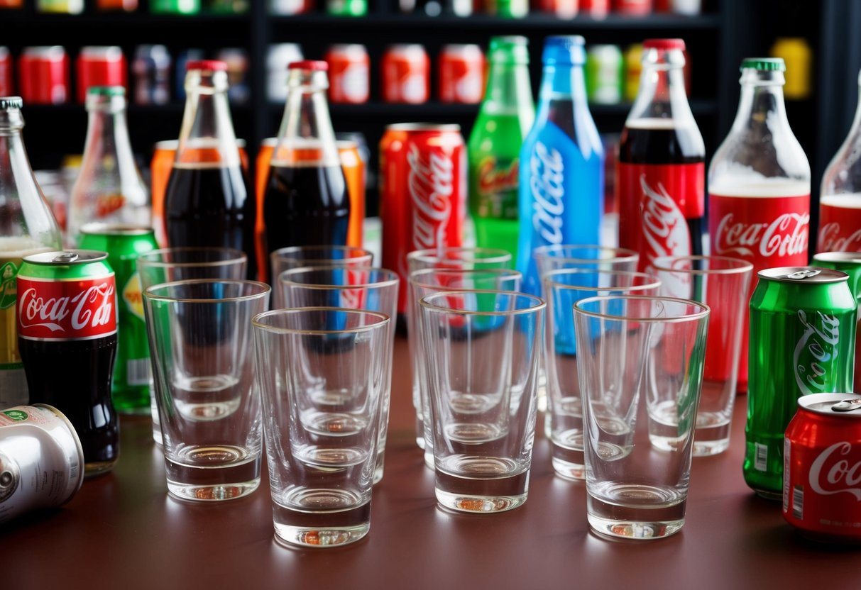 Uma mesa com 60 copos vazios, cercada por várias garrafas e latas de refrigerante