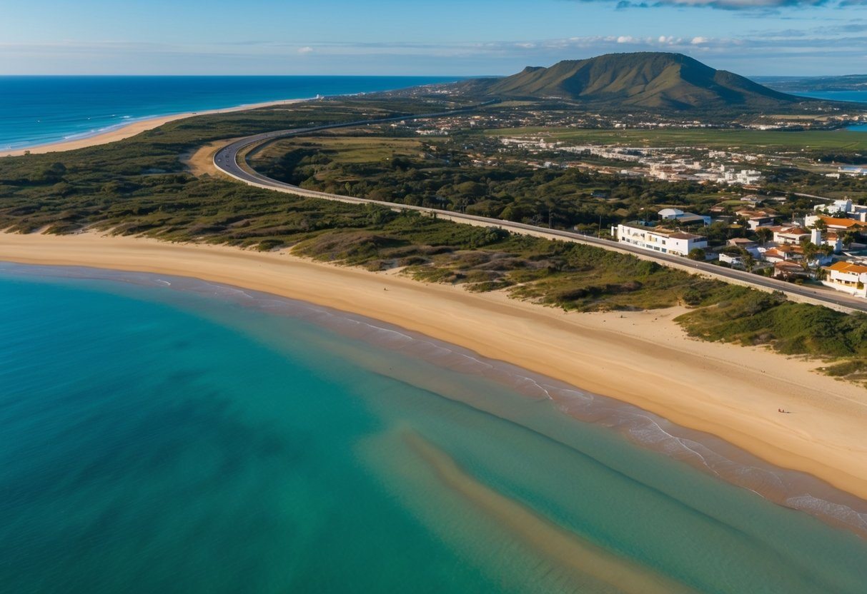 Uma praia serena com areia dourada e águas azul claras, localizada perto da cidade de Aparecida do Norte, acessível por uma estrada costeira sinuosa.