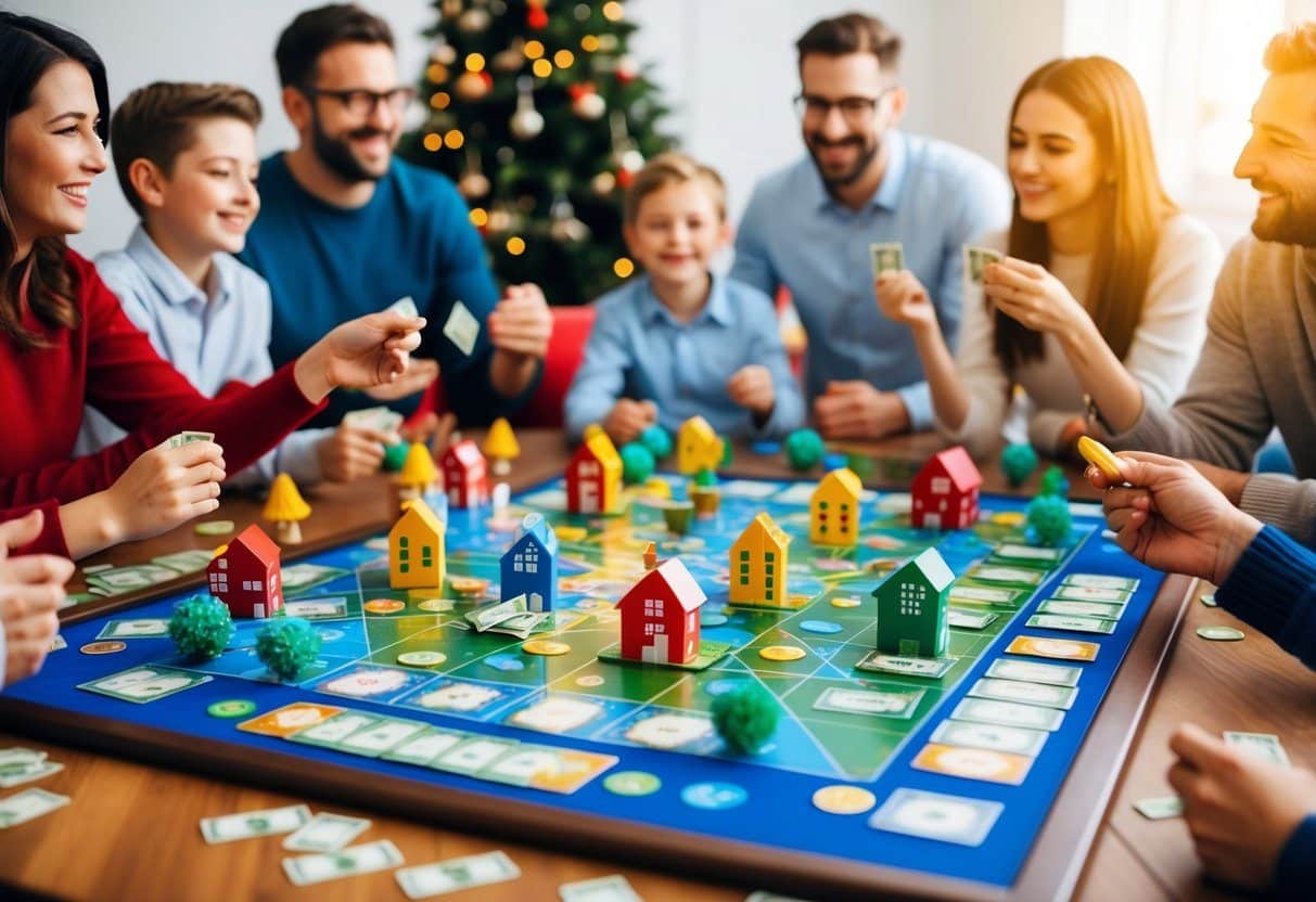 Um tabuleiro de jogo animado com propriedades coloridas, jogadores e dinheiro, cercado por amigos e familiares desfrutando de uma celebração de feriado.