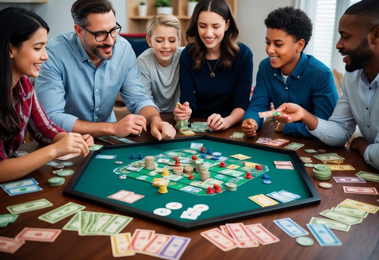 Uma família se reúne em torno de um jogo de tabuleiro, com dinheiro colorido, cartas de propriedade e peças de jogo espalhadas pela mesa.