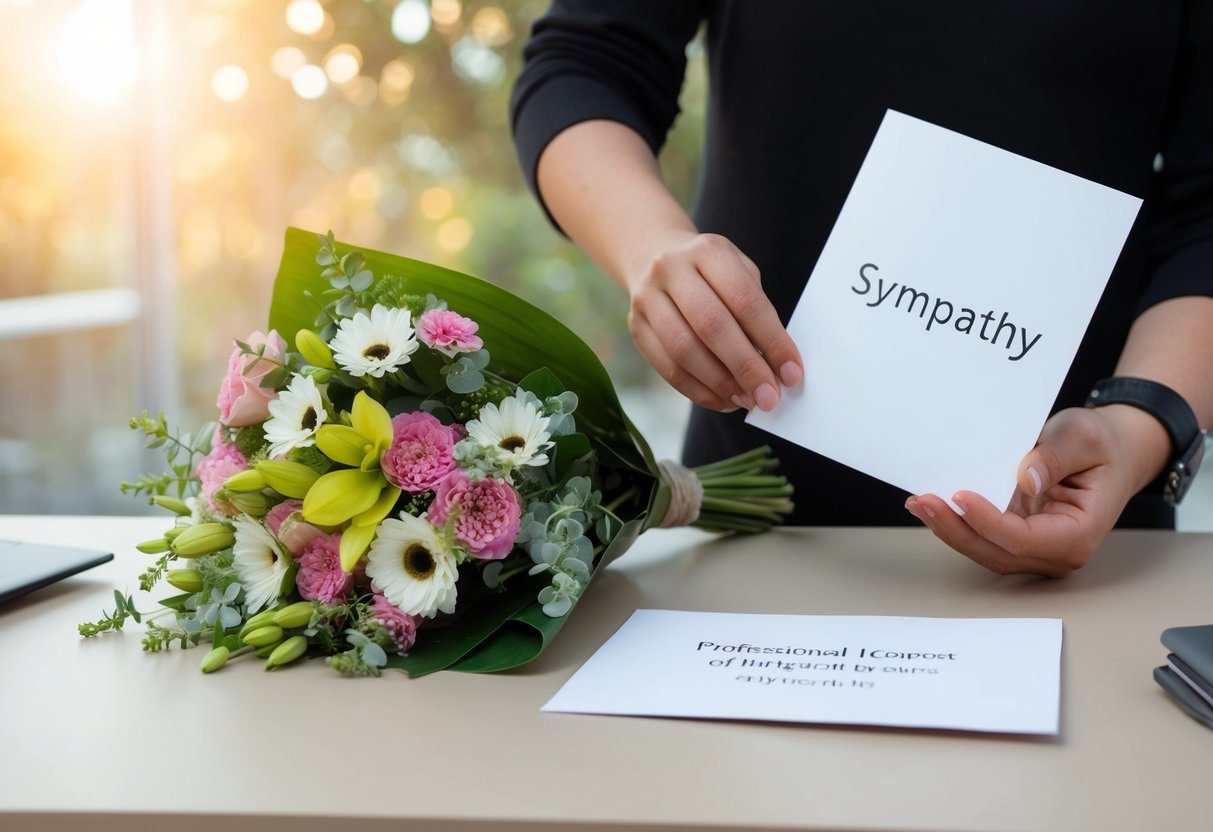 Uma pessoa colocando um buquê de flores e um cartão de condolências em uma mesa