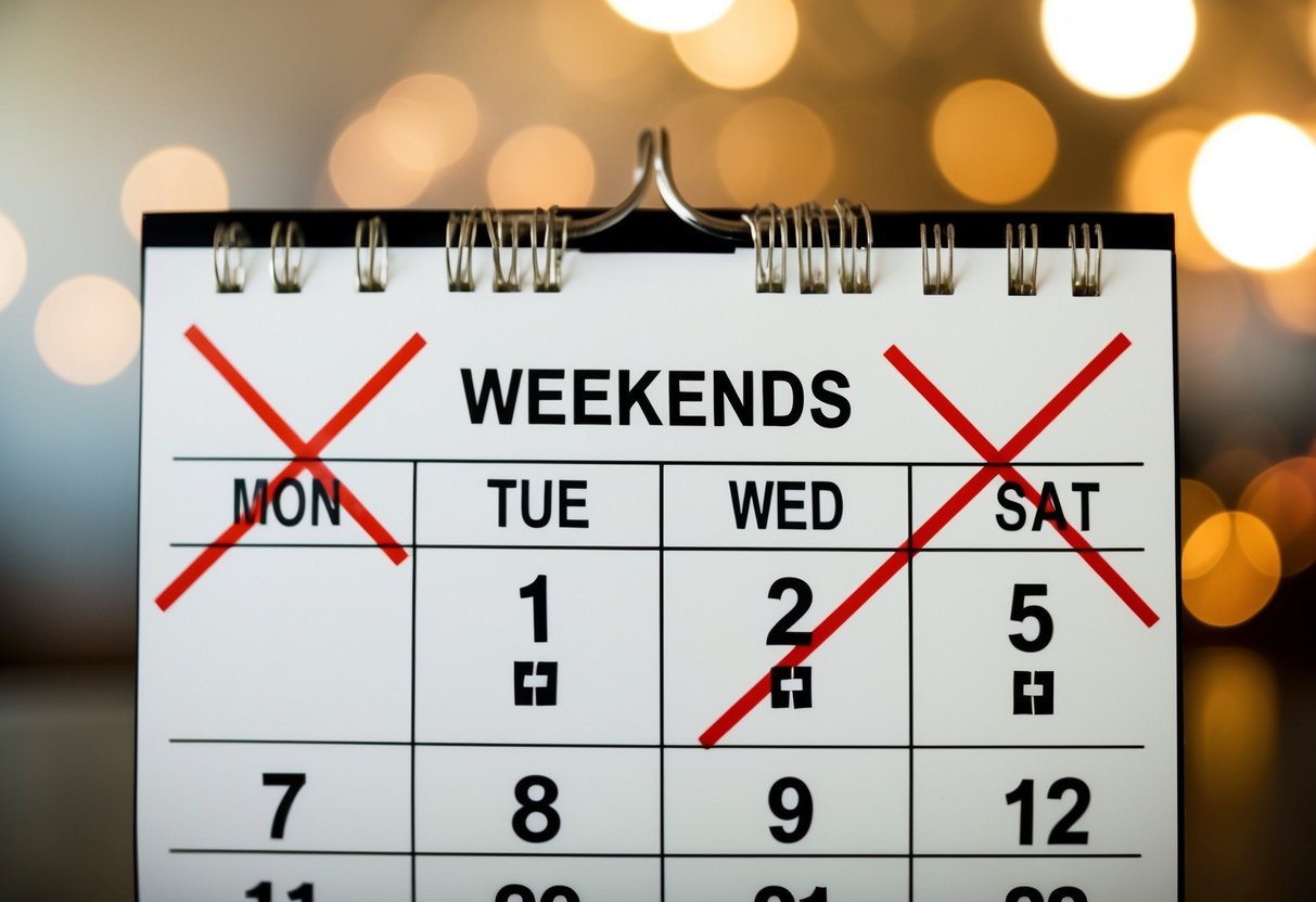 Um calendário com os finais de semana riscados, destacando apenas os dias úteis
