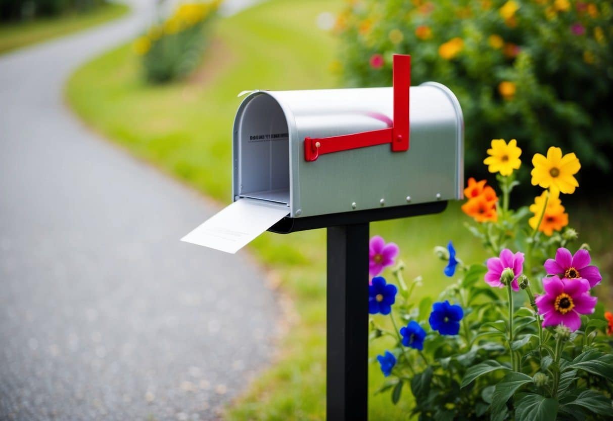 Uma caixa de correio com uma carta saindo, cercada por flores coloridas e um caminho sinuoso