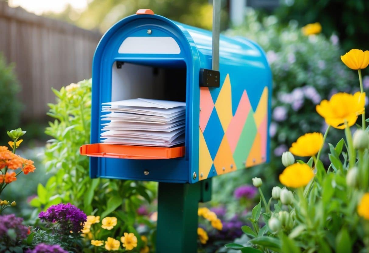 Uma caixa de correio colorida com um monte de envelopes dentro, cercada por uma variedade de plantas e flores