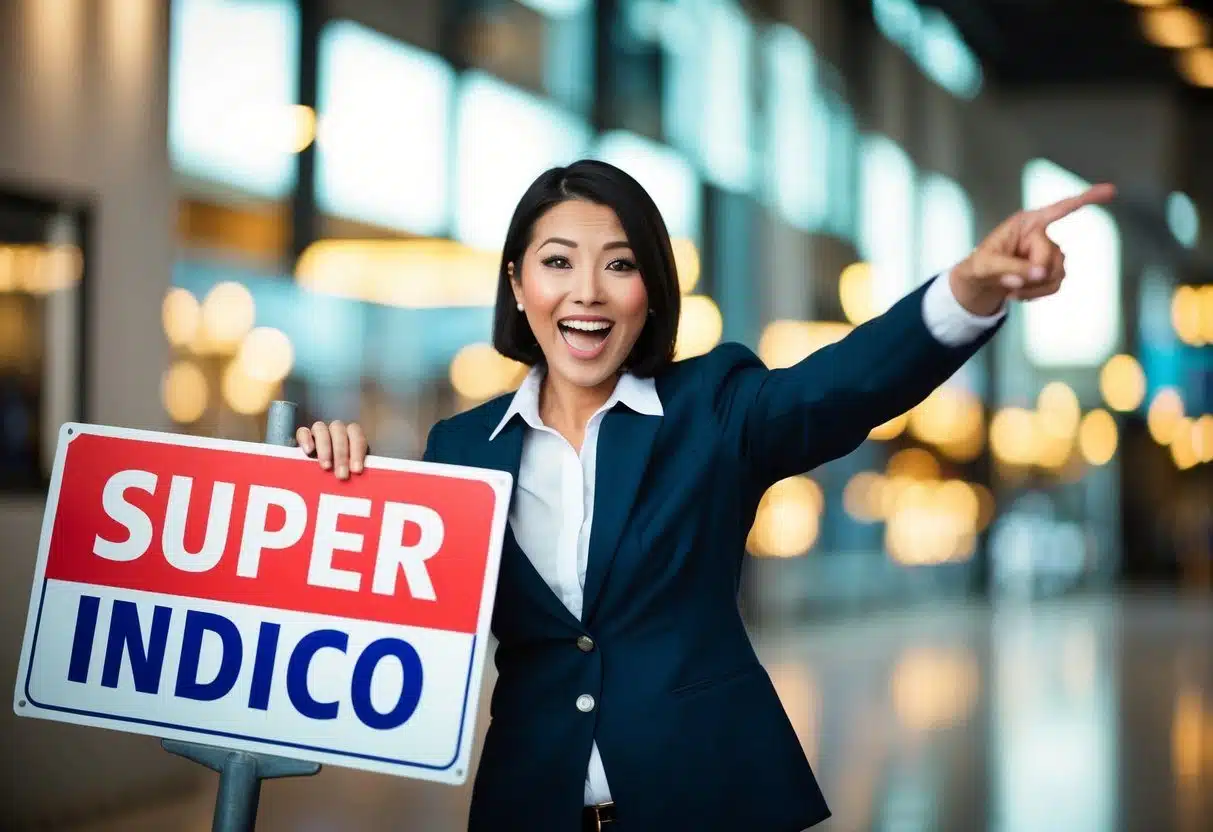 Uma pessoa apontando entusiasticamente para uma placa com 'super indico' escrito em letras grandes.
