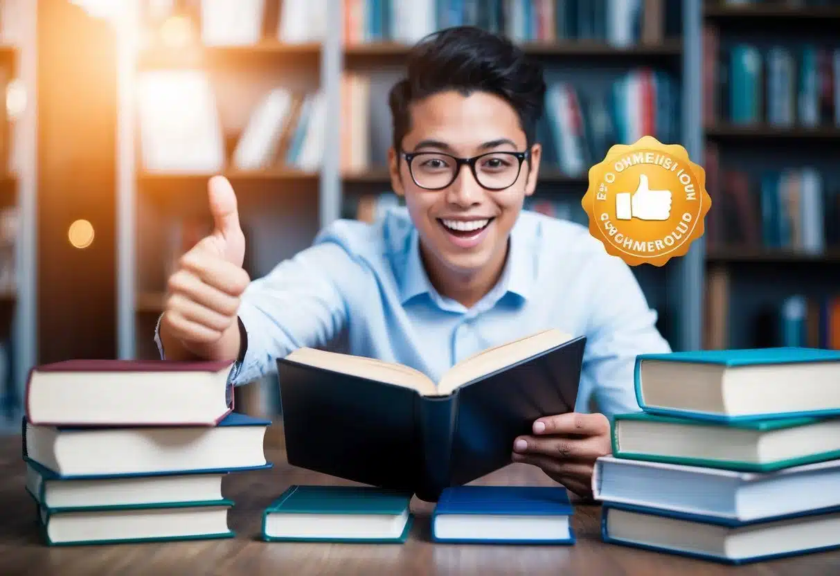 Uma pessoa apontando entusiasticamente para um livro com um gesto de polegar para cima, cercada por outros livros e um emblema de recomendação brilhante