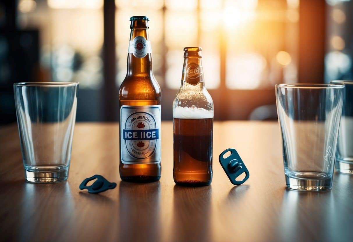 Uma mesa com uma garrafa de ICE e uma garrafa de cerveja, cercada por copos vazios e um abridor de garrafas