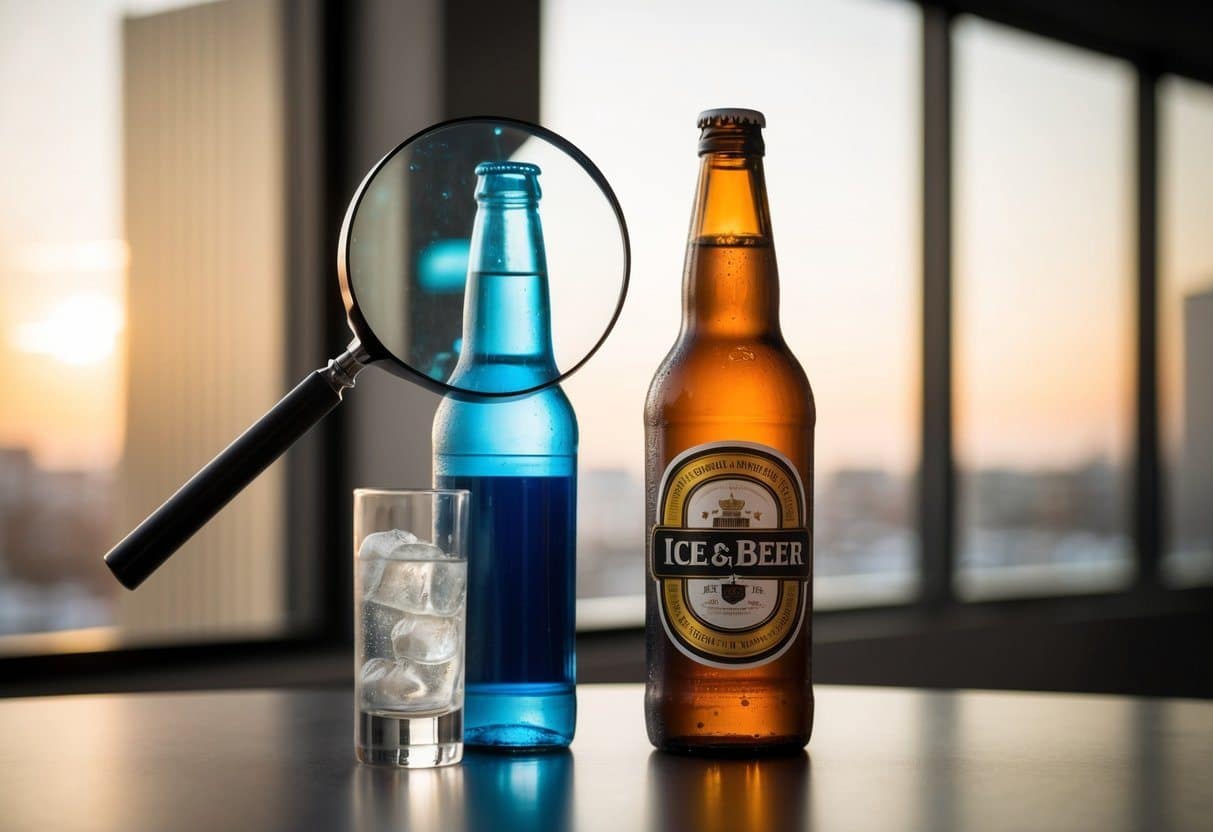 Uma garrafa de ICE e uma garrafa de cerveja estão colocadas lado a lado em uma mesa, com uma lupa pairando sobre elas, como se estivesse examinando seu teor alcoólico.