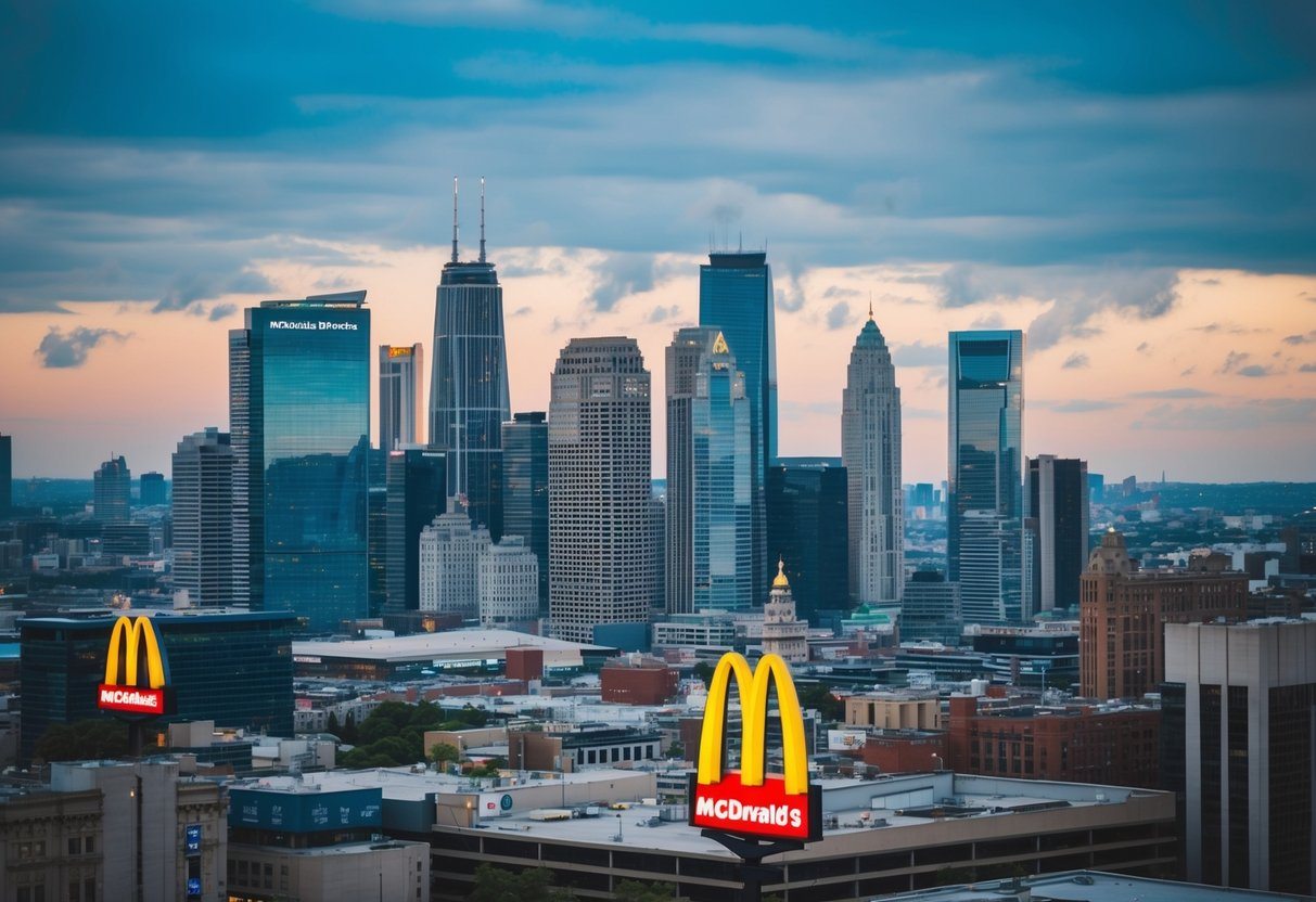 Um horizonte urbano movimentado com os arcos dourados do McDonald's se destacando sobre uma paisagem urbana lotada