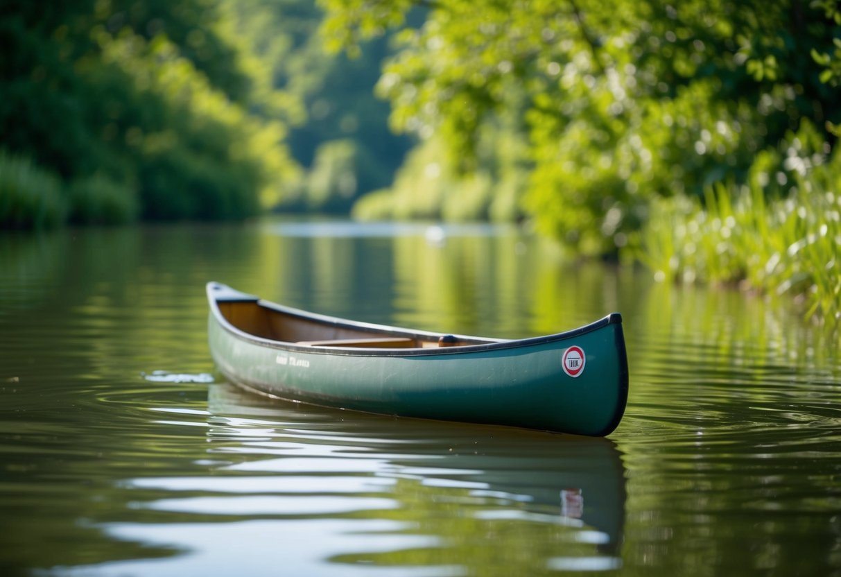 Uma pequena canoa flutuando em águas calmas, cercada por uma vegetação exuberante e uma atmosfera pacífica e serena.