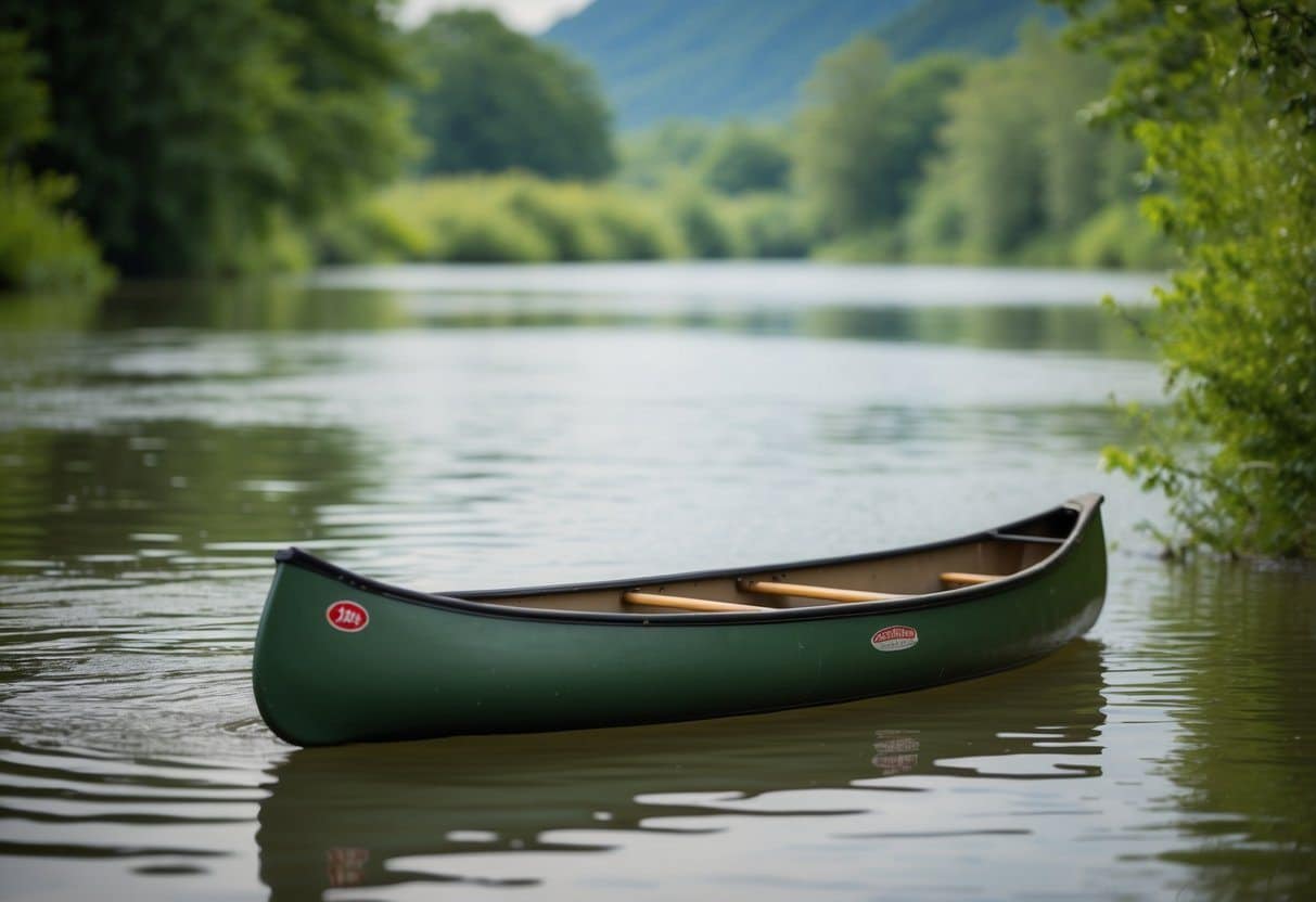Uma cena de rio pacífica com uma pequena canoa flutuando na água, cercada por uma vegetação exuberante e uma atmosfera serena.
