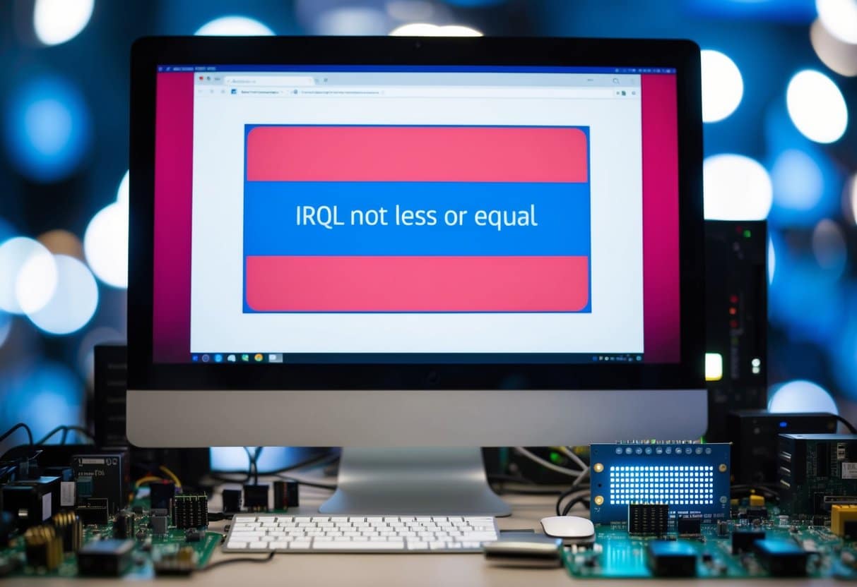 Uma tela de computador exibindo uma mensagem de erro azul com o texto "IRQL não menor ou igual" cercada por vários componentes eletrônicos e circuitos