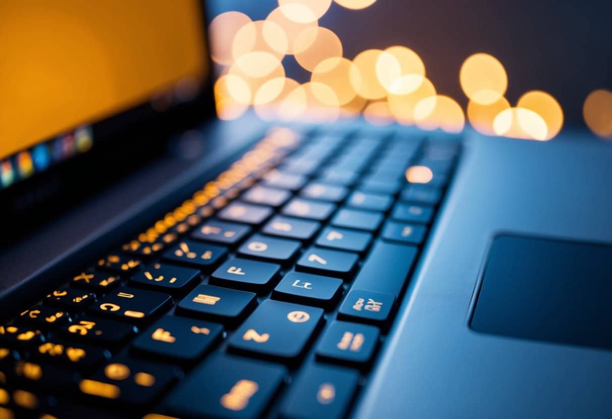 Um teclado de laptop com a tecla fn destacada e brilhando, cercado por uma luz suave e quente