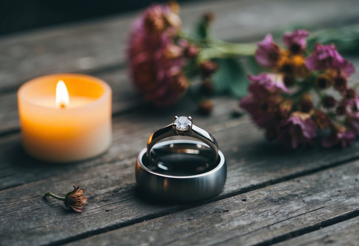 O anel de casamento de um homem está abandonado em uma mesa de madeira envelhecida, cercado por flores murchas e uma vela tremulante.