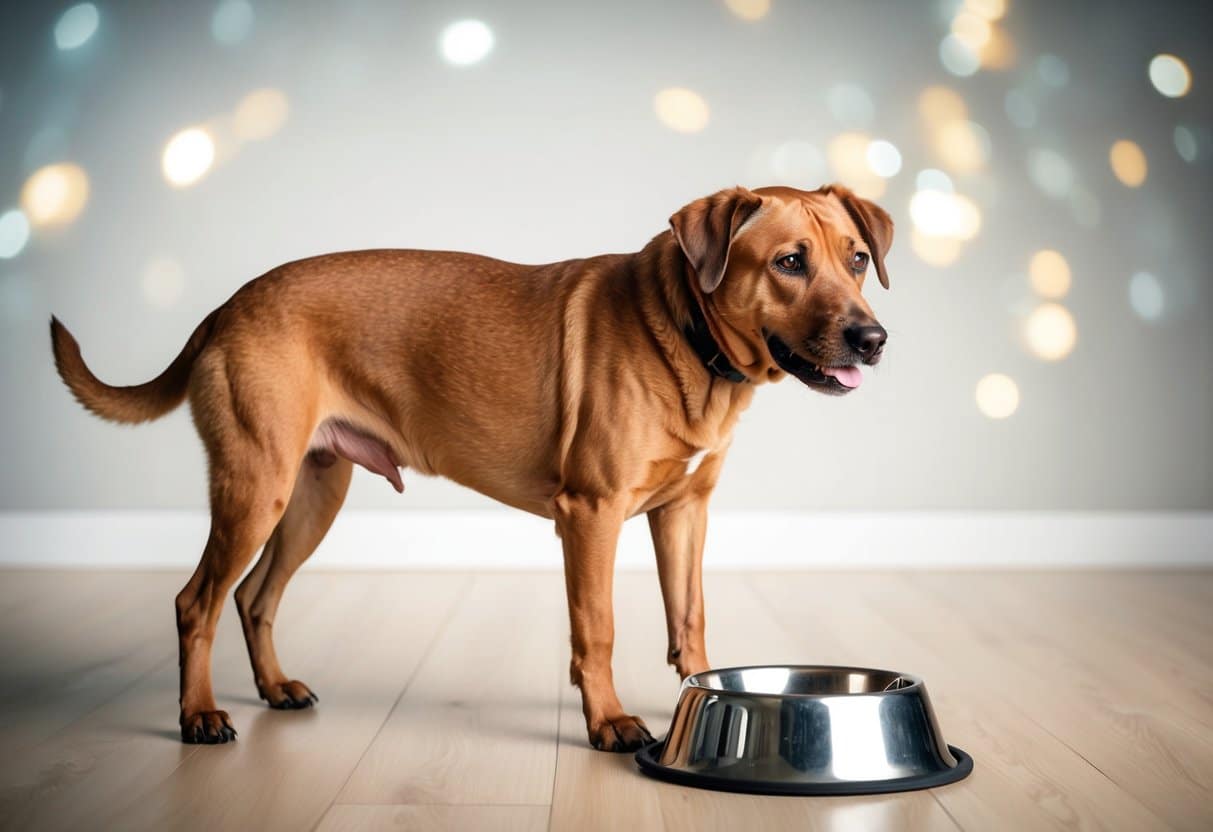 Um cachorro idoso perdendo peso, com costelas visíveis e pele flácida, em pé na frente de uma tigela de comida vazia.