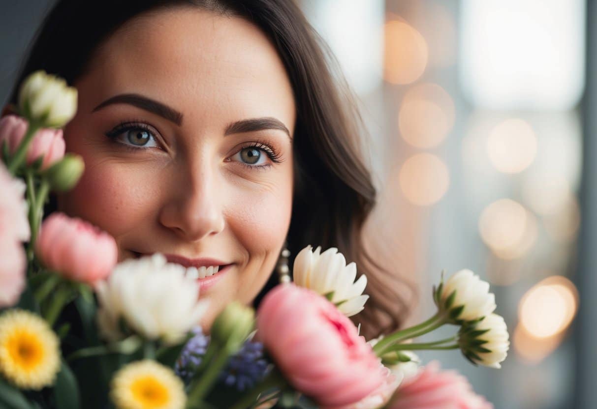 Os olhos de uma pessoa olhando calorosamente para um buquê de flores em flor, com um sorriso suave nos lábios.