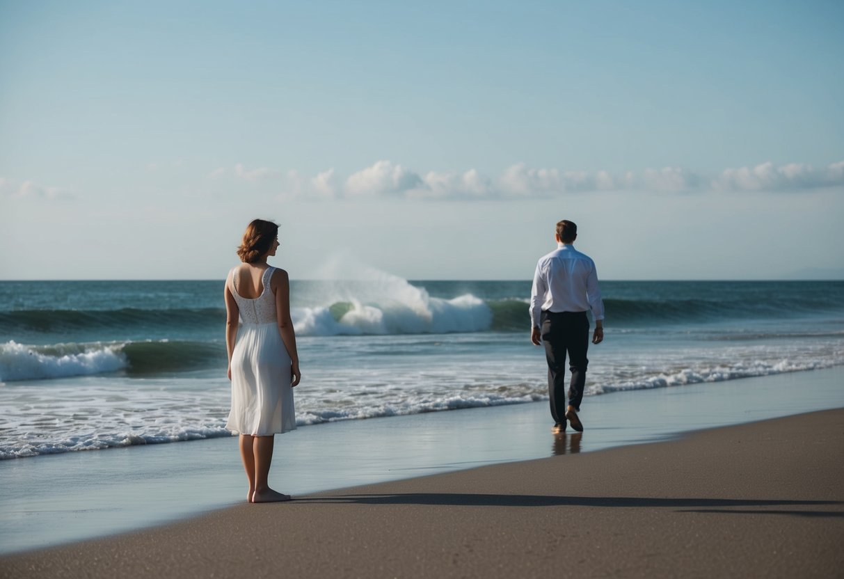 Uma mulher está sozinha em uma praia deserta, observando enquanto seu marido se afasta na distância, a deixando para trás. As ondas quebram na costa, refletindo a turbulência em seu coração.