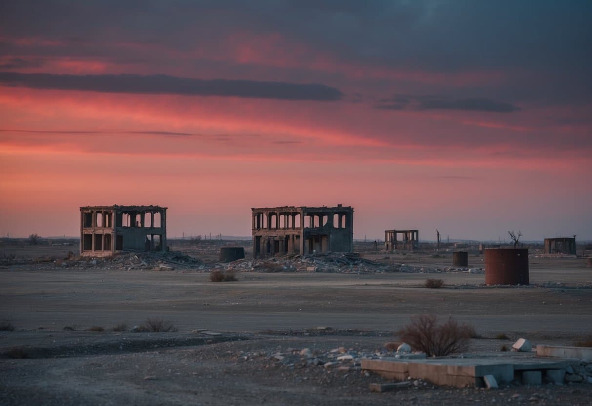 Uma paisagem desolada, pós-apocalíptica, com edifícios em ruínas, terra árida e um céu vermelho-sangue