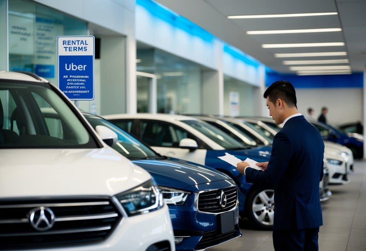 Um escritório de aluguel de carros com uma fila de carros disponíveis para motoristas do Uber, uma placa indicando os termos de aluguel e um membro da equipe ajudando um motorista com a papelada.