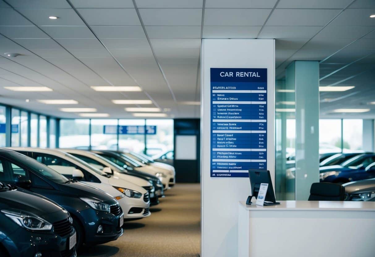 Uma locadora de carros com filas de carros, uma lista de preços e um balcão de atendimento ao cliente