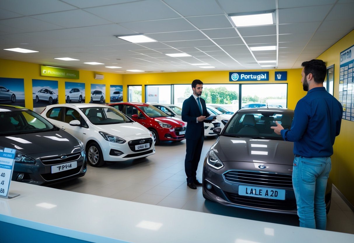Um escritório de aluguel de carros em Portugal, com vários modelos de carros exibidos, uma lista de preços no balcão e um cliente conversando com um agente de aluguel.