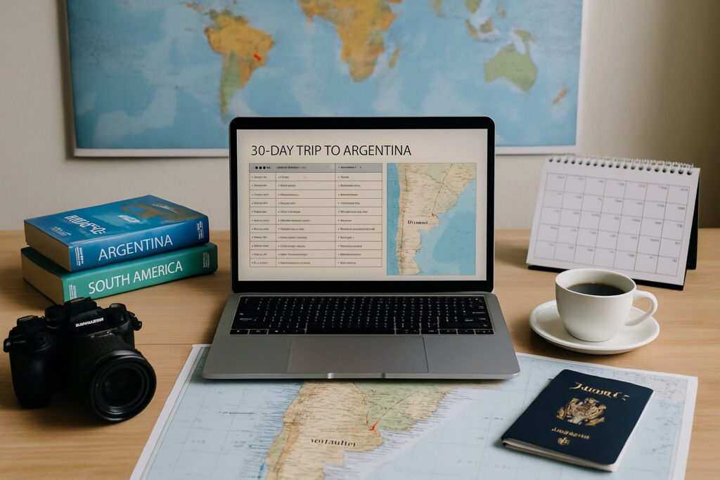 Mesa organizada com laptop, mapas da Argentina, guias de viagem, câmera, passaporte e calendário para planejar uma viagem de 30 dias.