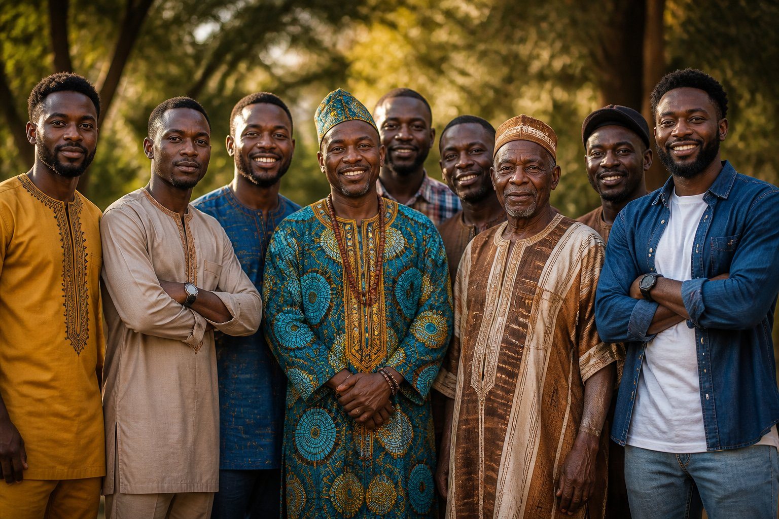Grupo de homens africanos de diferentes idades vestidos com roupas tradicionais e modernas, posando juntos ao ar livre com expressão confiante e ambiente natural ao fundo.