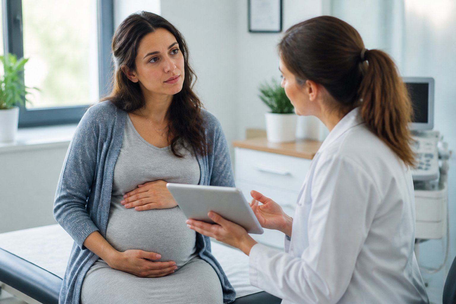 Mulher grávida sentada em uma sala de consulta médica, conversando com uma médica que explica algo usando um tablet.