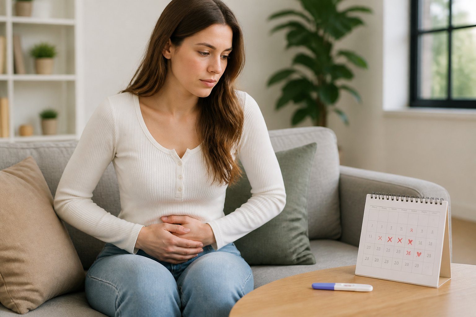 Mulher jovem sentada no sofá, segurando o abdômen com expressão pensativa, com calendário e teste de gravidez sobre a mesa ao lado.