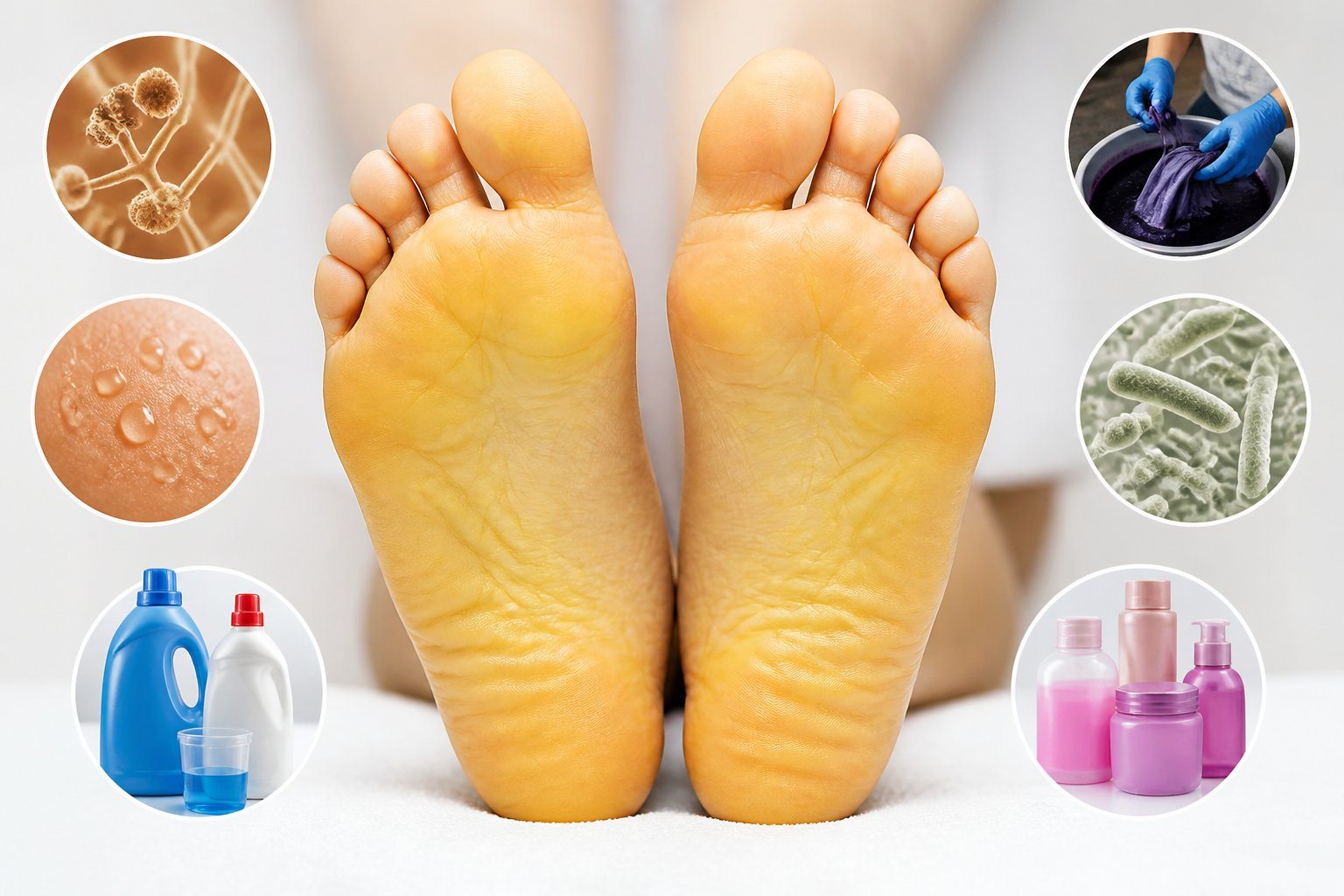 Close de pés com solas amareladas, mostrando a descoloração característica.