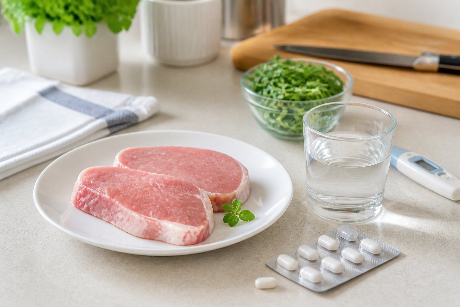 Uma bancada de cozinha com um prato contendo um pedaço de carne de porco cru, um copo de água e uma cartela de antibióticos ao lado.